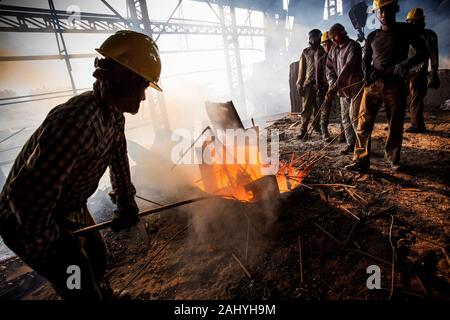 Blast furnace in the melt steel works, risky workers in steel factories are working at Demra, Dhaka, Bangladesh.
