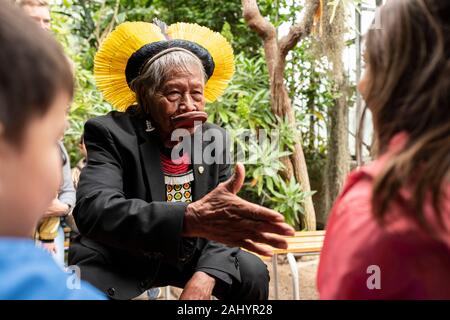 Lyon (69), on Tuesday, May 28, 2019 : Raoni Metuktire, one of the great chiefs of the Kayapo people, a Brazilian Indigenous group from Capoto Jarina, Stock Photo