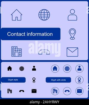 Contact information icons set. Contact us icon. Home, house, web, website, globe, user, man, people, pin, map, location, factory, phone, office, telep Stock Photo