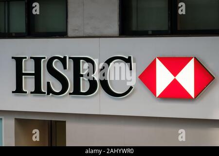 HongKong, China - November, 2019: The logo signage  of the HSBC Bank  in Hong Kong