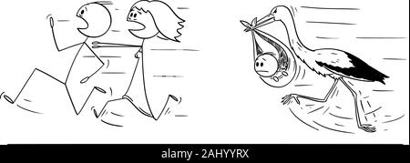 Vector cartoon stick figure drawing conceptual illustration of couple of man and woman running away from stork carrying baby. Concept of postponing or rejecting parenthood. Stock Vector