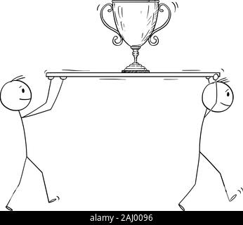 Vector cartoon stick figure drawing conceptual illustration of two successful men or businessmen carrying or holding big winner trophy or victory reward cup. Concept of business success. Stock Vector