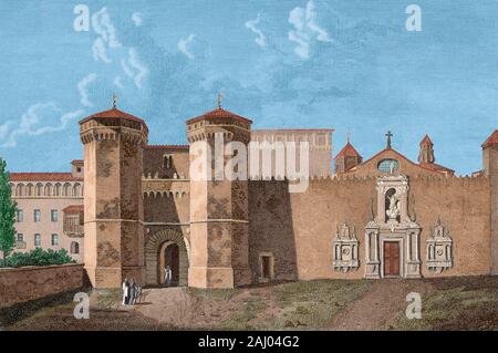 Spain, Catalonia, province of Tarragona, Vimbodi. Royal Abbey of Santa Maria de Poblet. Main entrance, according Alexandre Laborde in 'Voyage Pittoresque et Historique en Espagne' (1806). Cistercian monastery founded in 1151. Drawing by Ligier. Engraving by Lorieux. Later colouration. Stock Photo