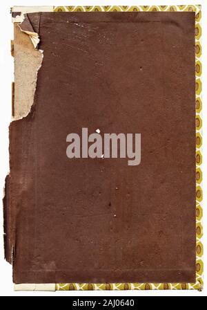Inside page of an old book cover isolated on white background. High resolution scan shows all the dirty detail. Stock Photo