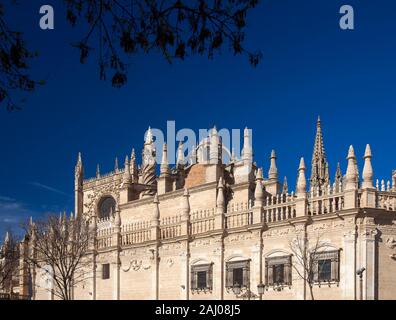 Seville Cathedral against background of deep blue sky, shot from Alcazar palace complex Stock Photo