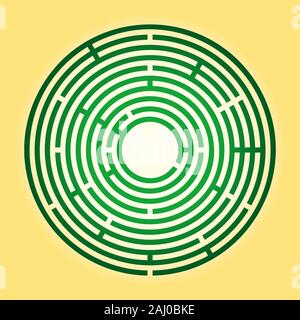 Colored circular maze. Green radial labyrinth over yellow background. Find a route to the centre, follow the path from the entrance to the goal. Stock Photo