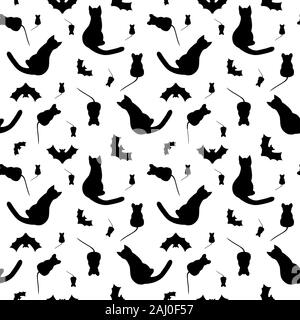Seamless pattern with black cats, mouses and bats on a white background. Stock Photo