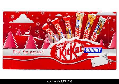 Box of Nestle KitKat selection chunky for Christmas  - different flavours - peanut butter, orange, white, salted caramel fudge flavour flavors flavor Stock Photo