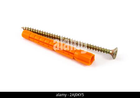 Plastic dowel and self-tapping screw is isoirovanno on a white background Stock Photo