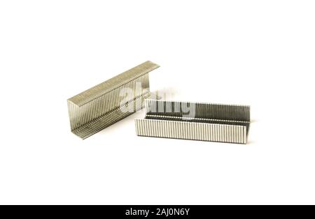 Staples for stapler close-up isolated on white background Stock Photo