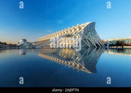 VALENCIA, SPAIN - JAN 20: Futuristic landmark architectural of the Príncipe Felipe Science Museum with the lake that surrounds out in front. Stock Photo