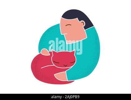 Trendy cartoon man holding red cat line art Stock Vector