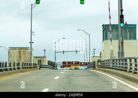 View of driving over the Captree draw bridge going toward the town beaches, Robert Moses beaches and Fire Island. Stock Photo