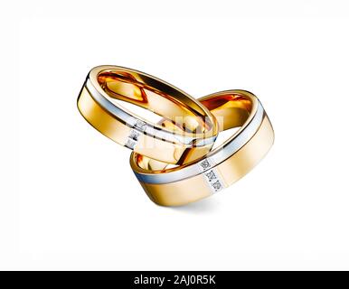 group of diamond rings stacked isolated on white background, white gold, yellow gold, included clipping path. extreme close up. Stock Photo