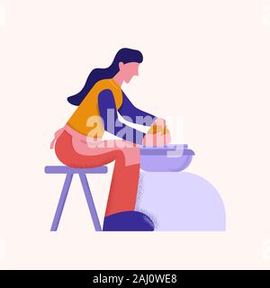 Female cartoon potter making pot of clay on potters wheel big limbs style side view Stock Vector