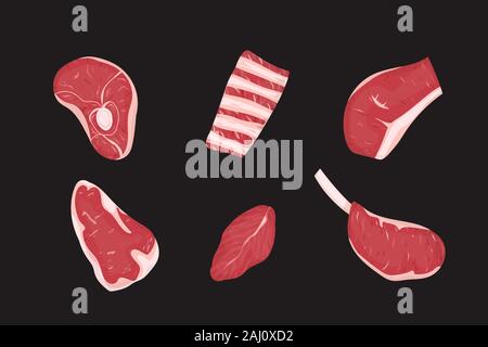 Set of red meats cuts. Vector Illustration. Black background. Stock Vector