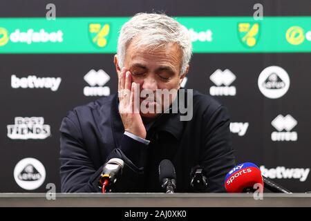 Manager of Tottenham Hotspur, Jose Mourinho reacts during his post match press conference - Norwich City v Tottenham Hotspur, Premier League, Carrow Road, Norwich, UK - 28th December 2019  Editorial Use Only - DataCo restrictions apply Stock Photo
