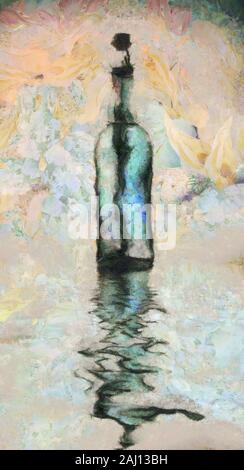 Bottle reflects in water. Digital painting Stock Photo