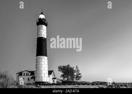 Black And White Lighthouse Background. Big Sable Lighthouse in Ludington State Park in Michigan. Stock Photo