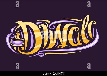 Vector greeting card for Indian Diwali Festival, curly calligraphic typeface with burning oil lamp and decorative elements, banner with swirly trendy Stock Vector