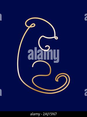 One line mouse or rat drawing. Year 2020 symbol. Golden wire on blue. Stock Vector