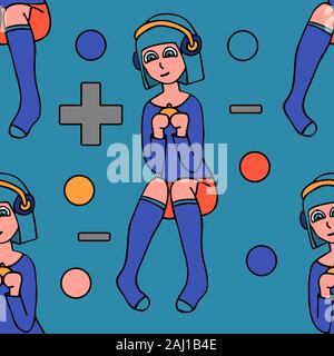 cute white girl gamer in headphones between buttons from the gamepad. stock vector seamless pattern Stock Vector