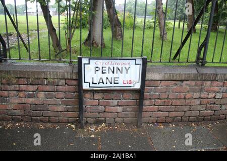 Street sign of Penny Lane, in Mossley Hill, a suburb of Liverpool, were all the four Beatles members grew up. Liverpool, England, Europe. Stock Photo