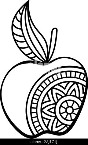 Apple with mandala. Coloring page for adult and older children. Hand drawn vector illustration Stock Vector