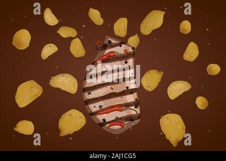 Ralistic potato chips. Vector illustration. Snack product. Taste the barbecue meat on the grill. Stock Vector