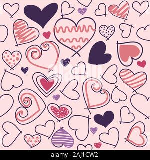 Seamless background of hand drawn stylized hearts, Valentine's day greeting card. Stock Vector