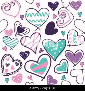 Seamless background of hand drawn stylized hearts, Valentine's day greeting card. Stock Vector