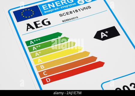 An energy rating label on an AEG fridge freezer Stock Photo