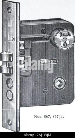 Illustrated Catalogue of Locks and Builders Hardware . i Svvivei Bronze. Keys—Three Xickel Silver, No. 263. Action—Easy spring, winged latch, bolt >< in. throw. Operation^By knobs from either side and by key from outside at all times, outside knob is locked by stopsin face. D i No. 867f^—Cast Bronze Front, Polished, One Cylinder, MASTER KEYING Master-keyed and Grand Master-keyed in sets as desired with other Springer Master-keyed Cylinder Locks. (One Half Size Illustrations). ^^ 24 The Springer Lock Manufacturing Company, Limited MORTISE OFFICE DOOR LOCKS NOT REVERSIBLE I I I 1 ?J W i. N Stock Photo