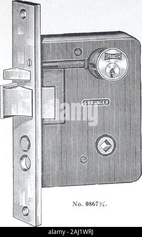 Illustrated Catalogue of Locks and Builders Hardware . 22 The Springer Lock Manufacturing Company, Limited MORTISE OFFICE DOOR LOCKS NOT REVERSIBLE ^§5 i r i V ; H. Cast—5>^ X K^ in Front—8^ x l^g in. Backset— 2% In. Spacing—3>^ in. Strike—Lip to centre IH in. Hub—H in. Swivel Bronze. Keys—Three Nickel Silver, No. 263. Action—^Easy spring, winged. Latch Bolt—>4 in. throw. Operation—By knobs from either side and by keyfrom outside at all times, outside knob is locked by stops in face. Auxiliary Latch automatically locks the latch bolt andstops so that they cannot be forced back when th Stock Photo