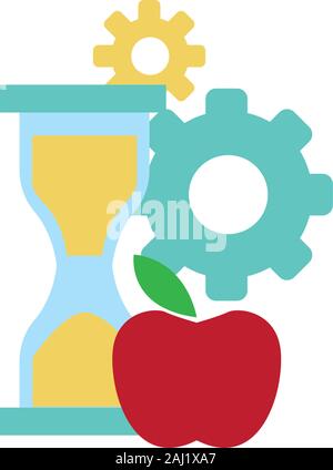 hourglass, gear wheels and apple Stock Vector