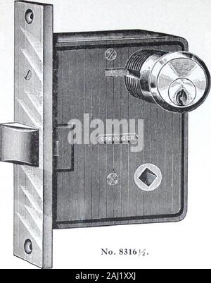 Illustrated Catalogue of Locks and Builders Hardware . I I ill li h 20 C^, The Springer Lock Manufacturing Company, Limited •J€© SPECIAL CYLINDER LATCHES SUITABLE FOR SCHOOL HOUSE LATCH. Case—5 x 3H ^ H ^^• Front—7^ x 1^ in. Backset—2^ in. Spacing—3 in. centre of cylinder to centre ofknob hub. Hub^Bronze for Swivel Spindle. Keys—Three Nickel Silver, No. 263. REVERSIBLE Operation—Latch with knob from both sides.Outside knob can be dead locked from theoutside with key from outside only; leavinginside knob free to operate at all times. Madewith one cylinder only. No. 8316;^. No. SSlbM—Cast Broiuc Stock Photo