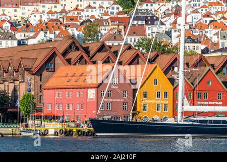 Sail boat on waterfront of Bryggen Old Town, UNESCO, Bergen, Hordaland County, Norway, Scandinavia, Europe Stock Photo