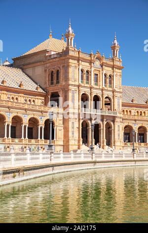 Canal running through the Plaza de Espana, Maria Luisa Park, Seville, Andalusia, Spain, Europe Stock Photo