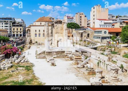 Remains of the Hadrian's Library and the old mosque in Monastiraki Square, Athens, Greece, Europe Stock Photo
