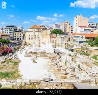 Remains of the Hadrian's Library and the old mosque in Monastiraki square, Athens, Greece, Europe Stock Photo