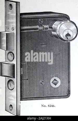Illustrated Catalogue of Locks and Builders Hardware . 4)4 inches from centre ofcylinderto underside of Lever A. Keys—Three Nickel Silver, No. 263. Burglar Proof, Guarded Front, Recessed, Impossible to pick. Furnished with either Sectional grip and thumb piece, or knob and escutcheon on outside.Latch bolt can be retracted back into lock case and locked in that (retracted) position by key.Not Reversible. Specify Hand Required. No. 8314^Cast Bronze Front, Bronze Latch, One Cylinder. I No. 8314R—Cast Bronzfe Front, Rabbeted, Bronze Latch, One Cylinder. Operation—By knob or thumb piece on the outs Stock Photo