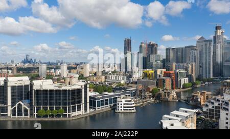 London Real Estate in Docklands, Canary Wharf. Drone Aerial View of Beautiful Modern Architecture with Finance Centers in the United Kingdom Capital Stock Photo