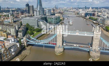 Tower Bridge in London. One of London's most famous bridges and must-see landmarks in London. Beautiful panorama of London Tower Bridge. Stock Photo