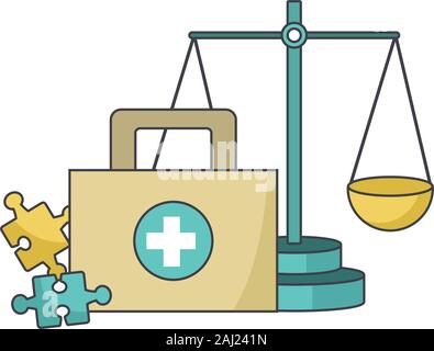 first aid kit, scale and jigsaw pieces, colorful design Stock Vector