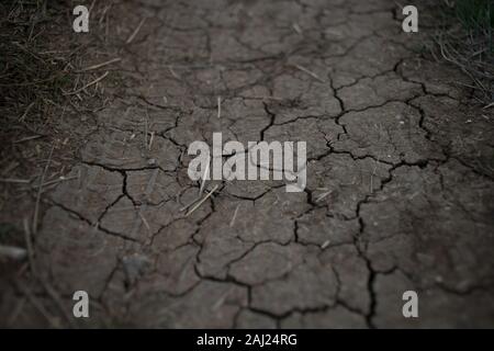 Dry brown earth in cracks, rural road close-up. Stock Photo