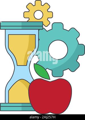 hourglass, gear wheels and apple Stock Vector