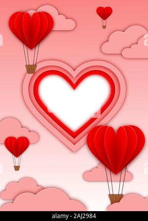 valentine's day card with heart-shaped hot hair balloons, clouds with space for your text in papercut style Stock Vector