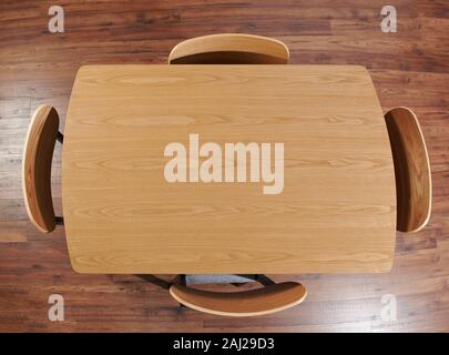 Light brown wooden table with chairs above top view Stock Photo