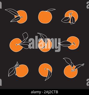 Orange Tangerine Selection Minimalistic Vector Designs on Black Background Stock Vector