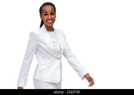 Smiling cheerful headshot portrait of an african businesswoman, corporate executive, business career professional, enthusiastic and upbeat, isolated o Stock Photo